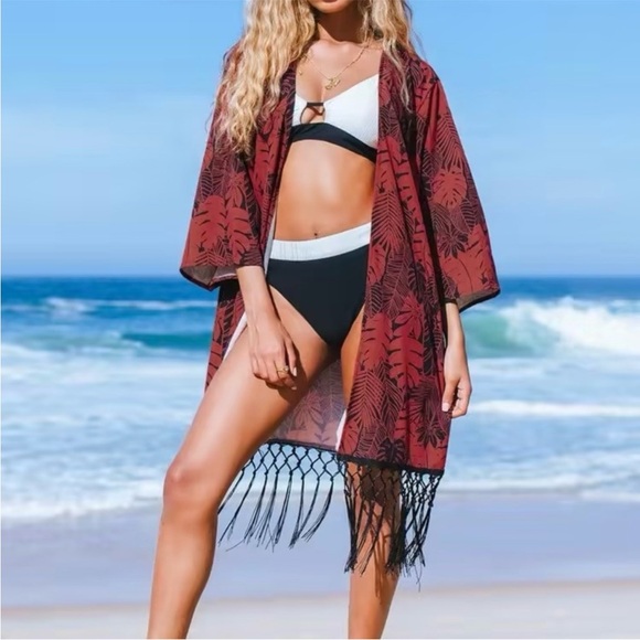 Black and Red Leaf Print Cover-Up Kimono with Fringe - Picture 2 of 6